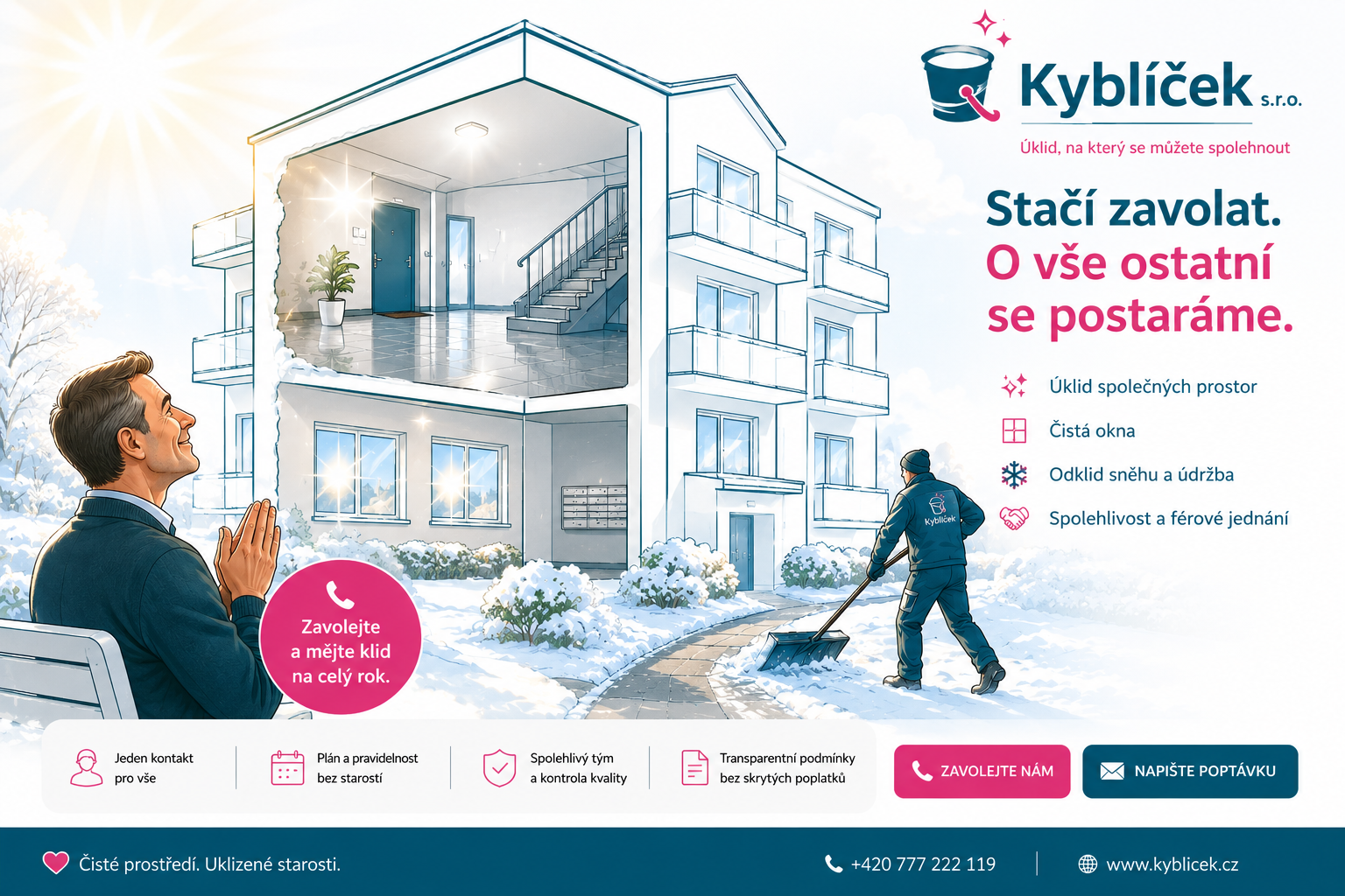 Kyblíček – čistý bytový dům, společné prostory, čistá okna a zimní údržba